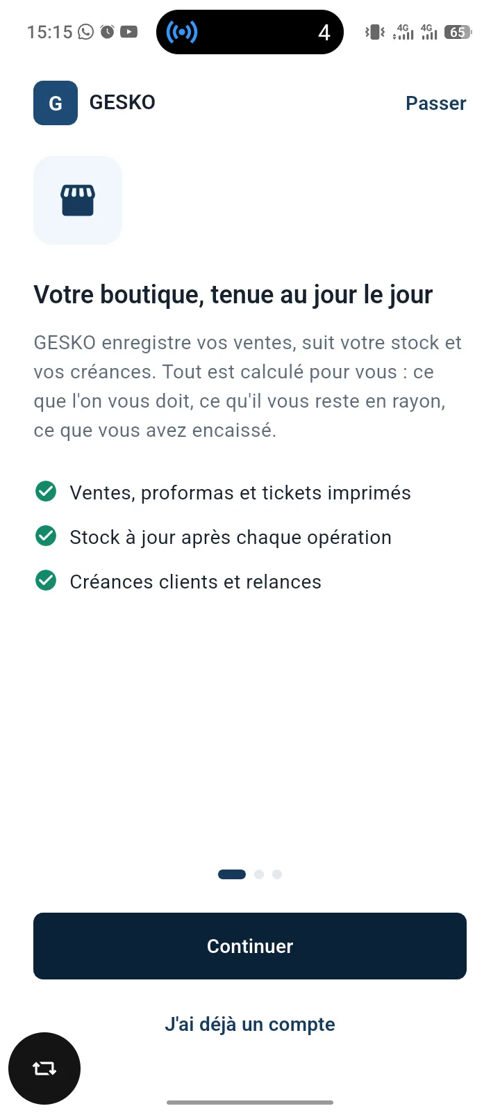 L’écran d’accueil de GESKO sur un téléphone Android