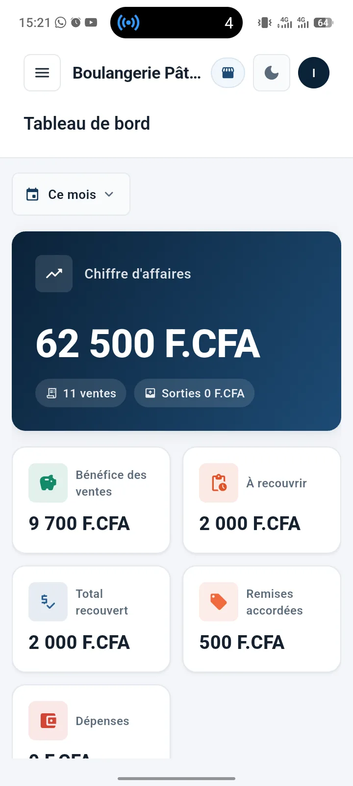 Le tableau de bord GESKO : chiffre d’affaires, bénéfice et créances du jour