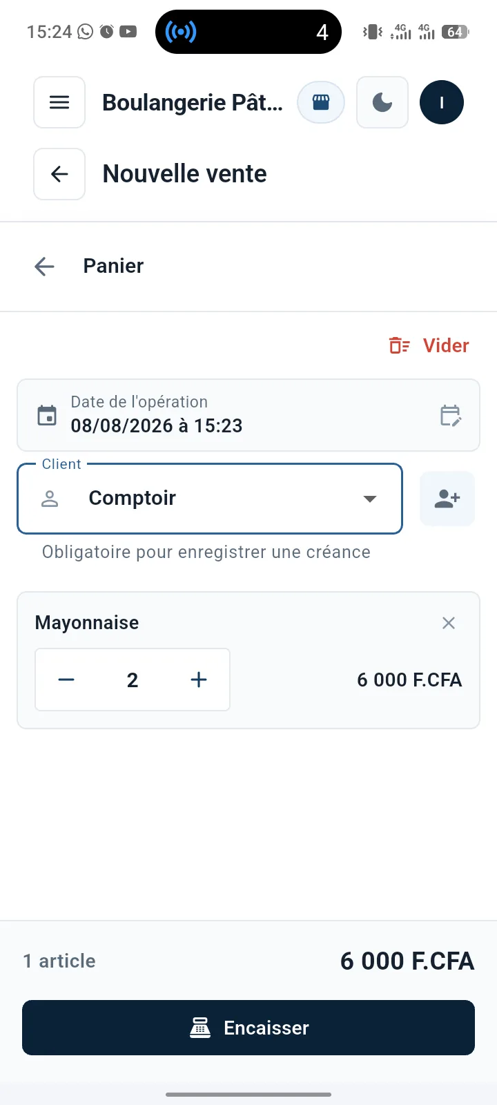 Le panier de la vente, avec le total à encaisser