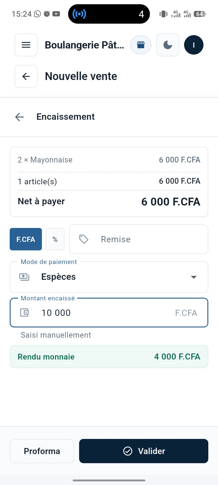 La vente validée et le ticket prêt à imprimer